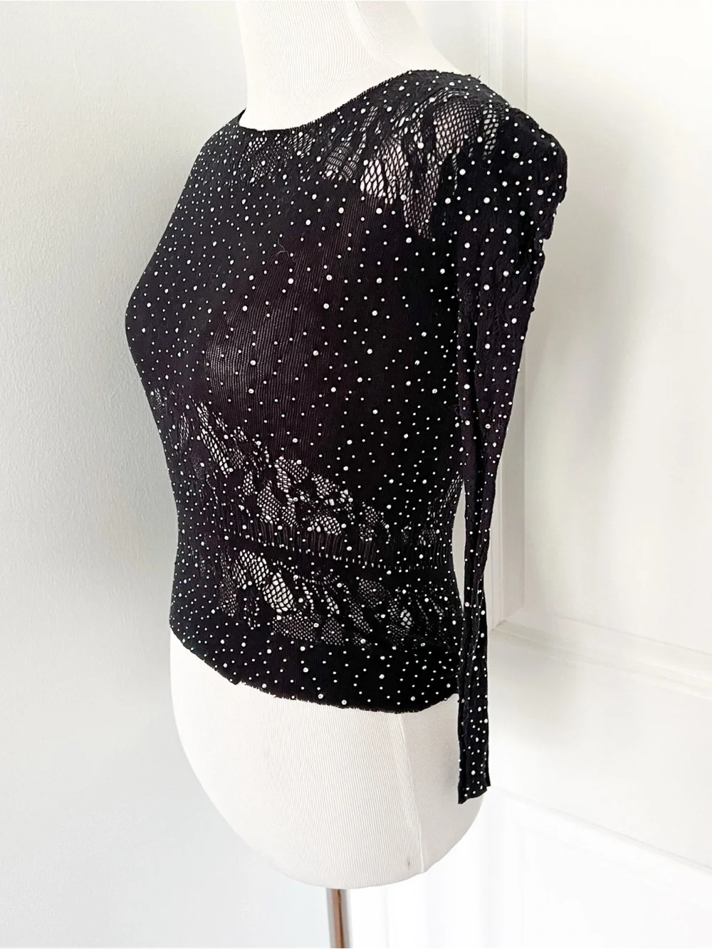 Zara Black Mesh Lace Long Sleeve Top with Rhinestone Accents - M/L